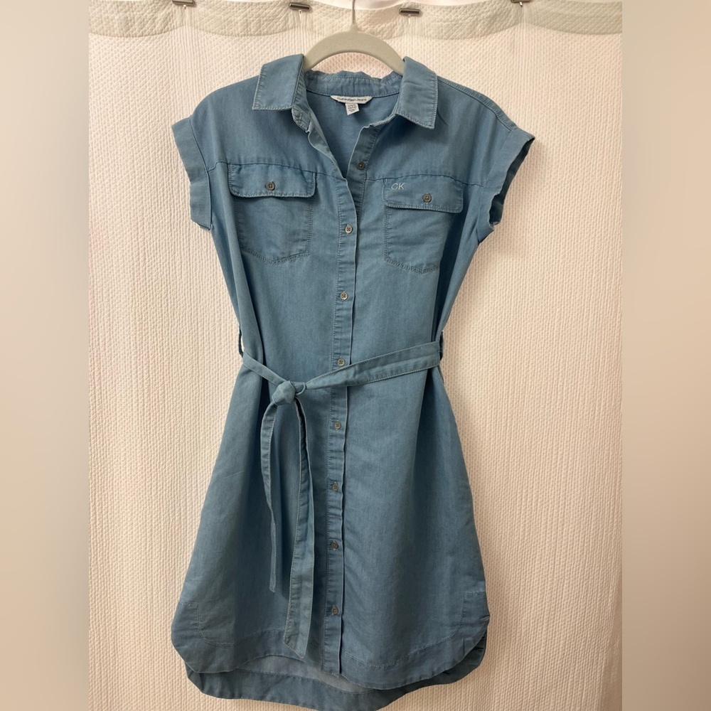 Calvin Klein Girls Short Sleeve Lightweight Chambray Denim Shirt Dress